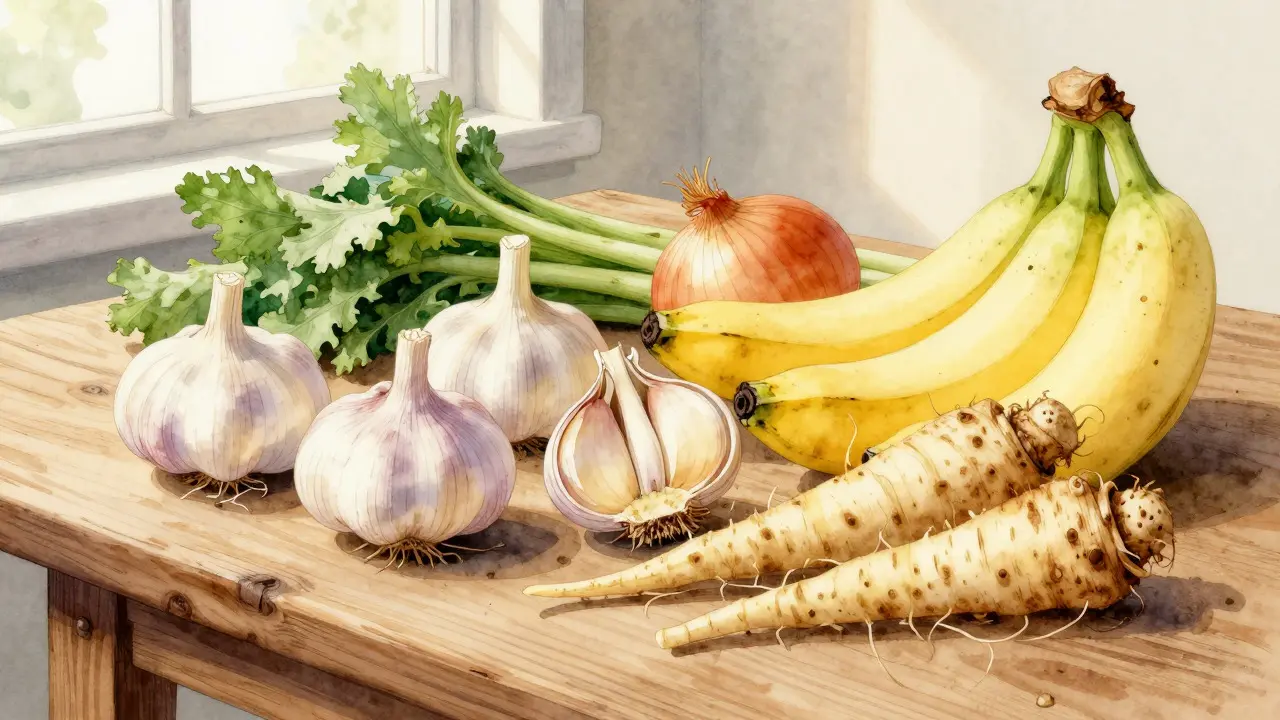 Přirozené zdroje prebiotik jako cibule a banány na stole