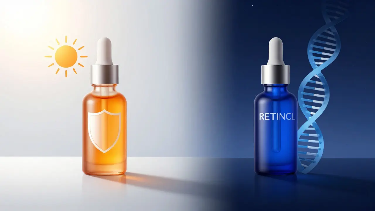Ranní ochrana s vitamínem C proti večerní regeneraci retinolem