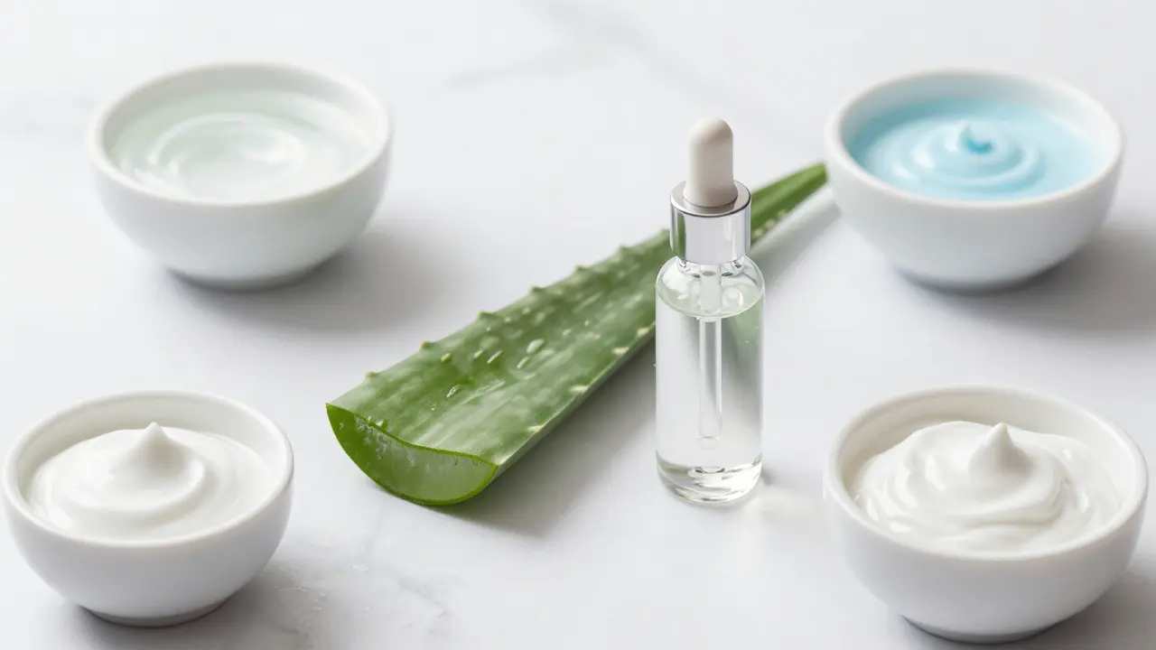 Zklidňující kosmetické ingredience jako aloe vera a sérum na mramorovém povrchu