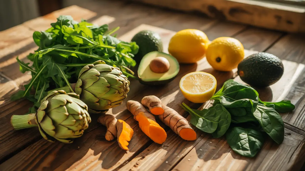 Čerstvé detoxikační potraviny jako rukola, artyčoky a citrony na stole