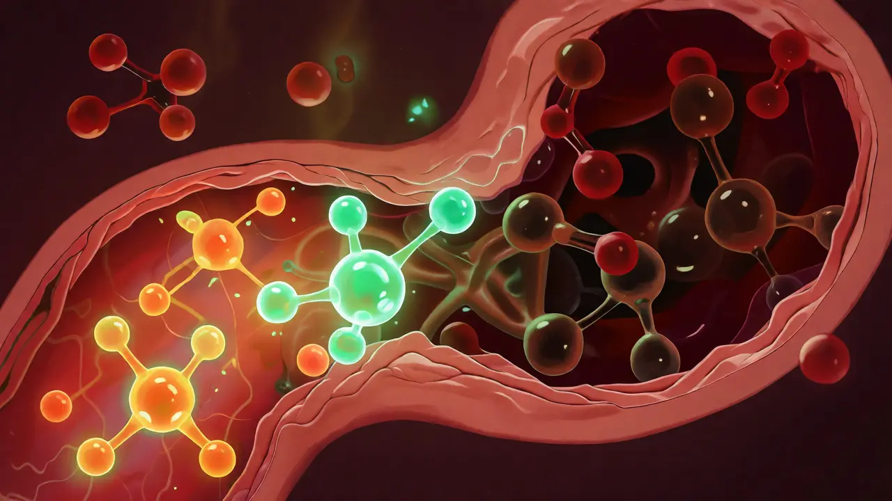 Ilustrace interakce vitamínů s kávou a alkoholem v trávicím traktu