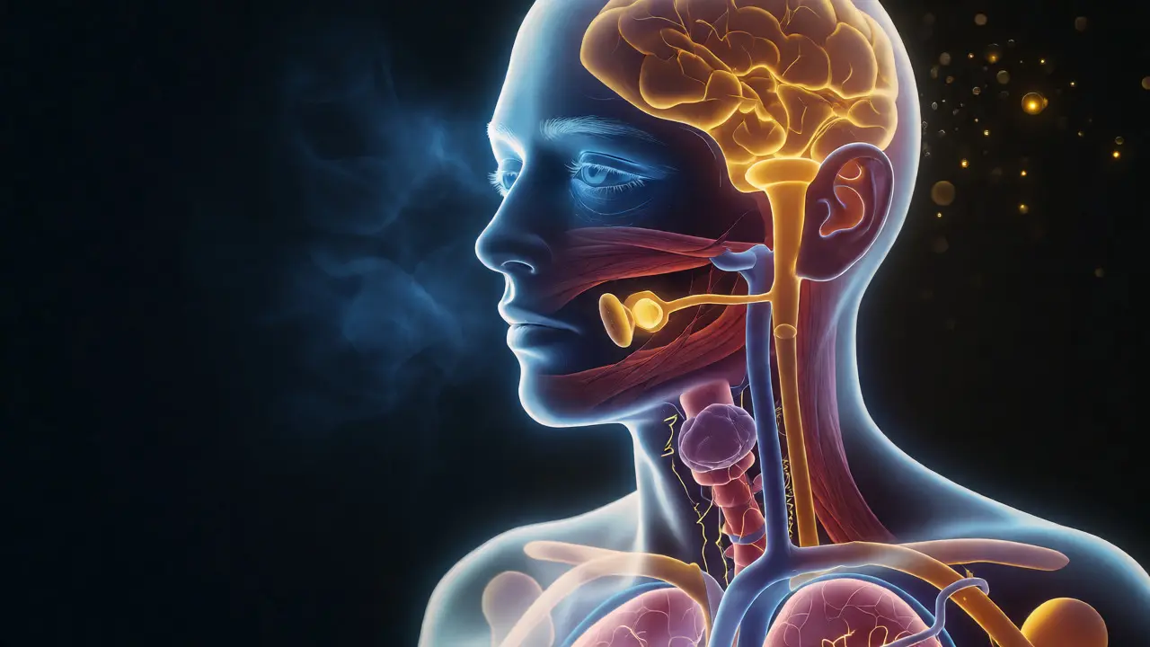 Ilustrace lidského těla s vizualizací vitamínů a příznaků deficitu