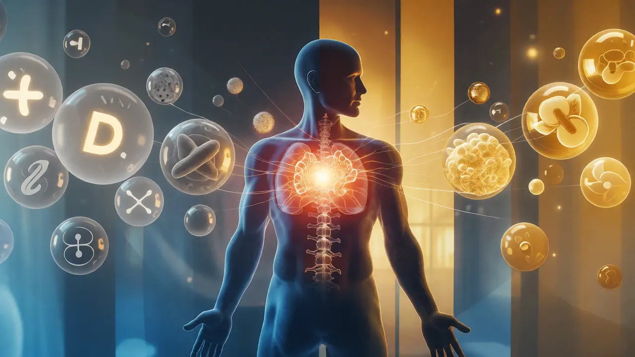 Konceptuální ilustrace metabolismu s vitamíny D a B jako světelnými bublinami