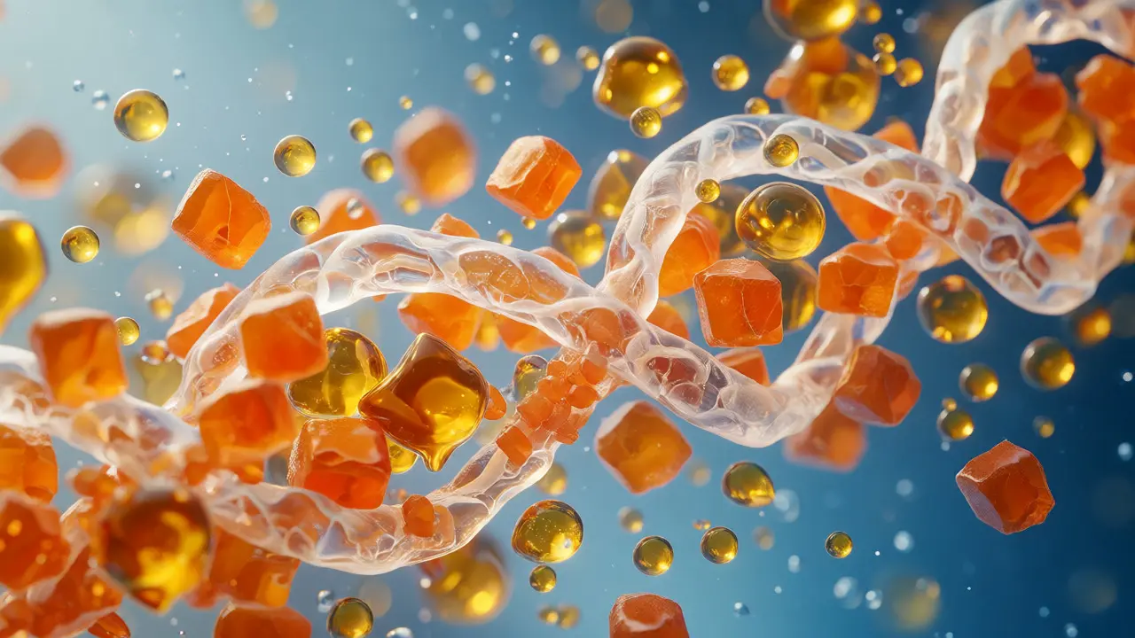 Konceptuální makro snímek kolagenu s vitamíny C a D pro regeneraci kloubů