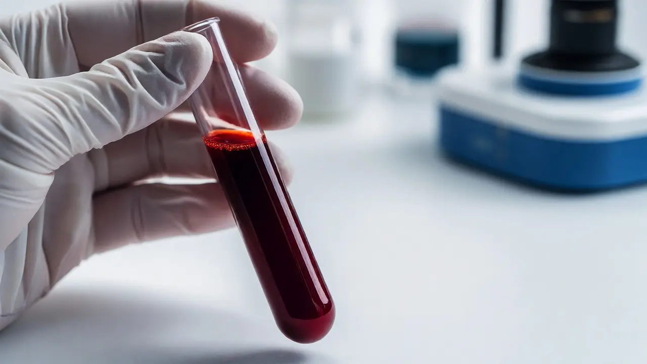Lékařská ruka držící zkumavku s krví pro laboratorní analýzu