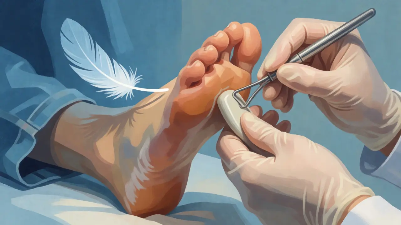 Podolog pečlivě ošetřuje diabetickou nohu speciálními nástroji pro bezpečnou péči.