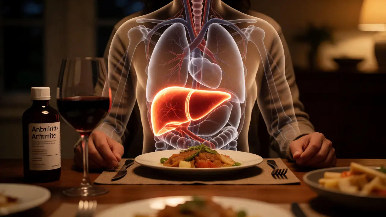 Přenosná ilustrace jater reagující na alkohol a antibiotika u večeře.