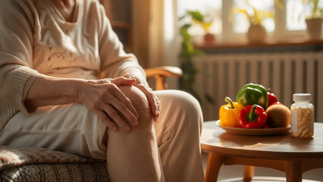 Seniorní osoba masíruje si koleno v osluněném obýváku jako součást péče o zdraví