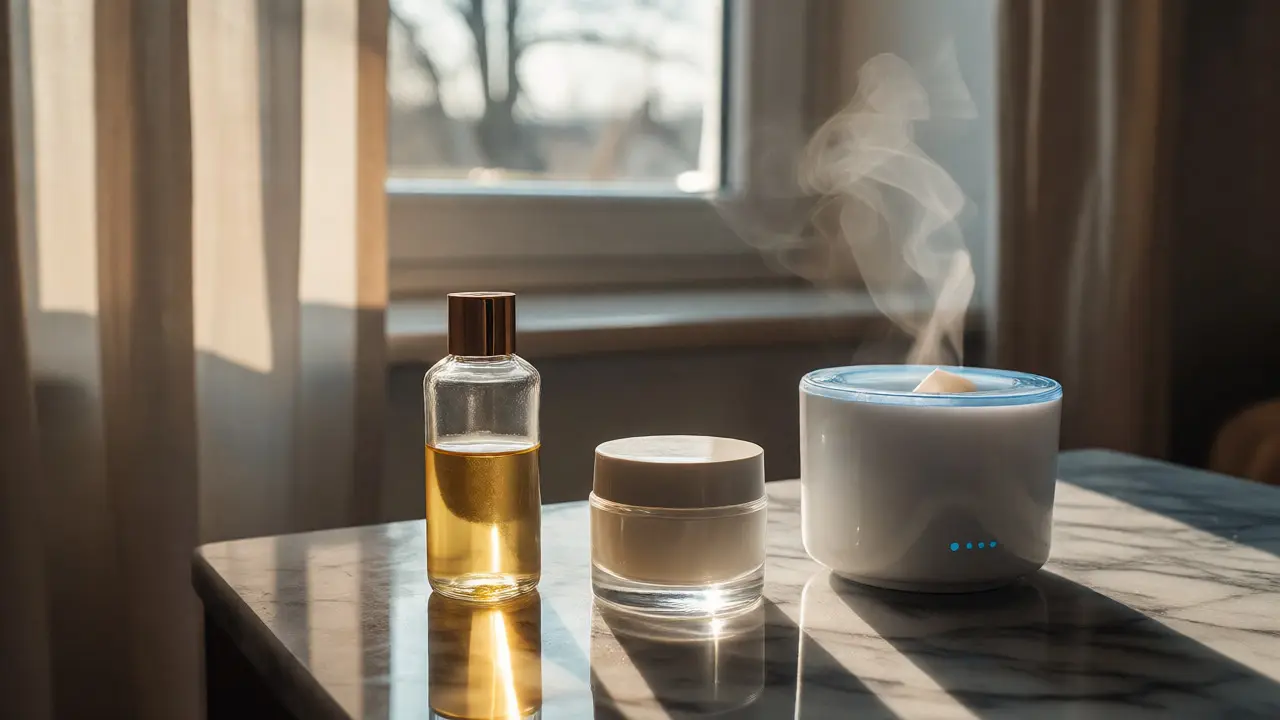 Skincare produkty a zvlhčovač vzduchu na mramorové desce