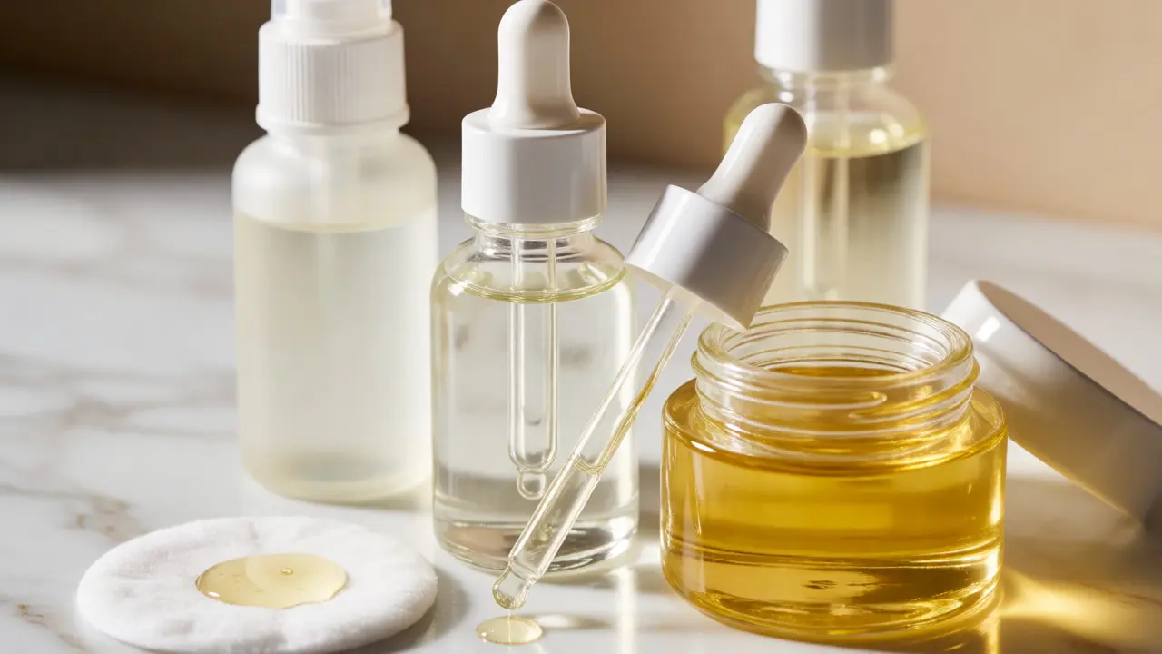 Skincare produkty jako olej a sérum na mramorovém povrchu pro čištění pórů