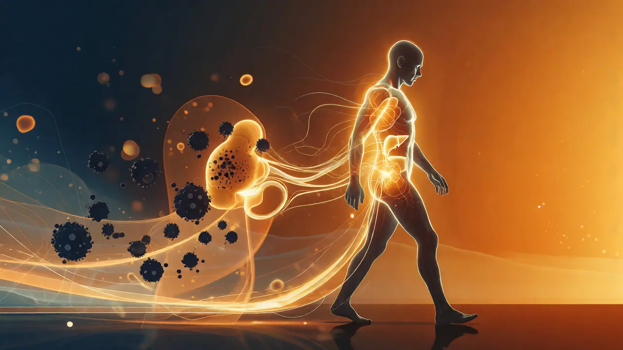 Stylizovaná lidská postava s vnitřním světlem znázorňující energii mitochondrií