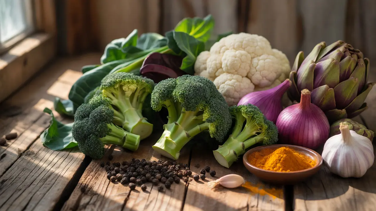 Čerstvá zelenina a koření pro podporu jater a detoxikaci