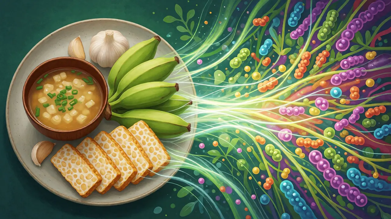 Ilustrace spojující fermentované potraviny s růstem střevních bakterií