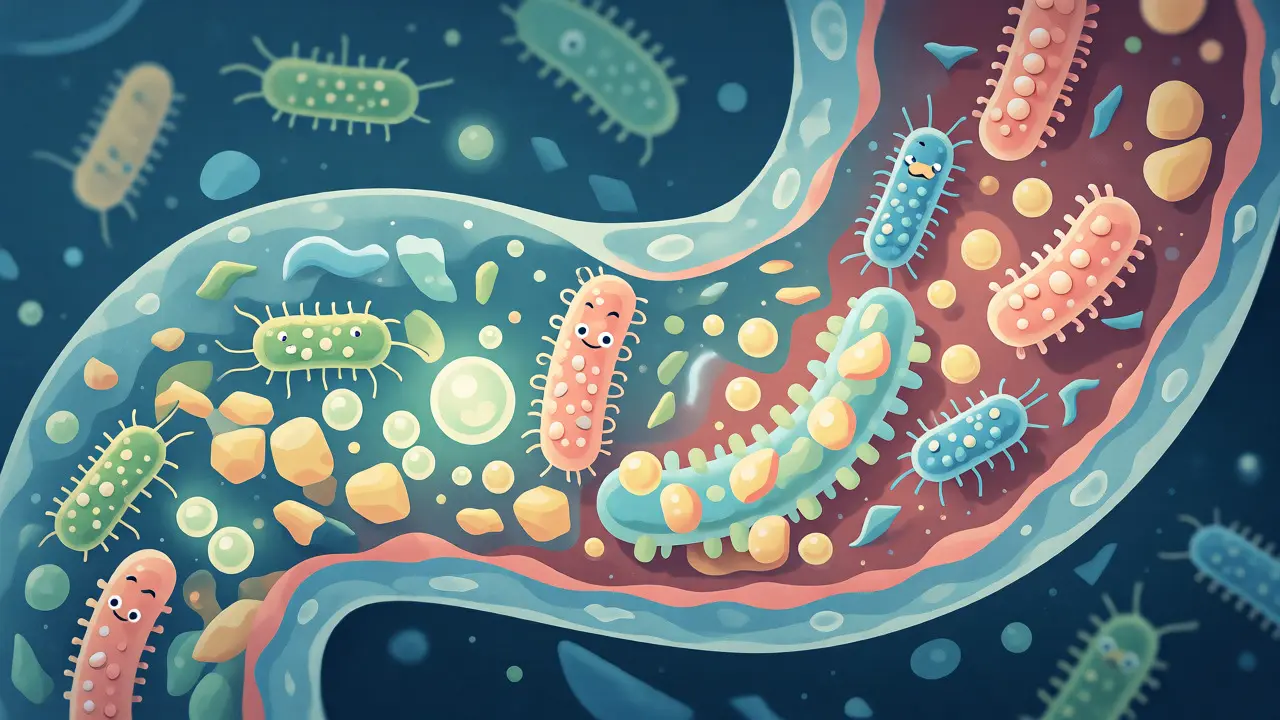 Ilustrace střevního mikrobiomu s prospěšnými bakteriemi