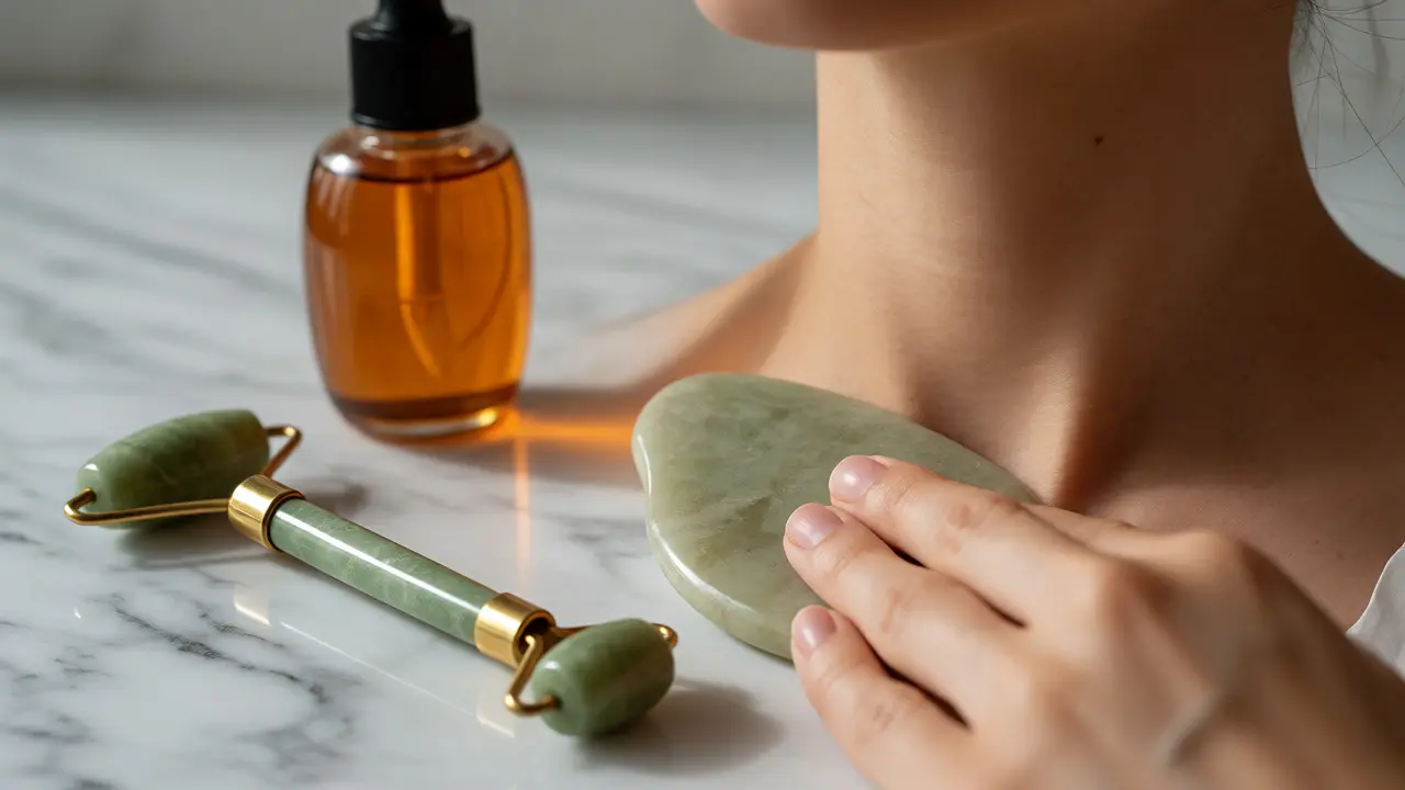 Jade roller a Gua Sha kámen používané pro masáž krku a čelisti
