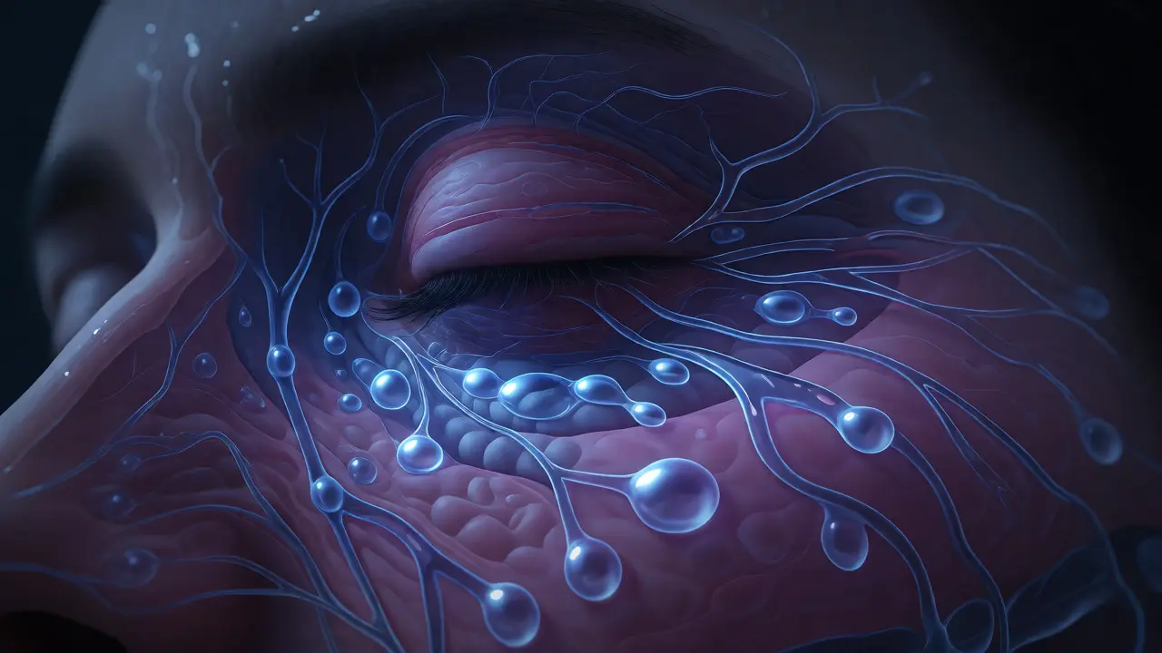 Konceptuální ilustrace hromadění tekutin v lymfatickém systému obličeje během spánku.