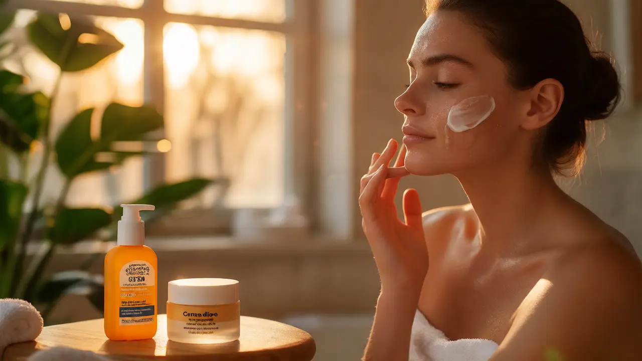 Žena nanáší krém po peelingu vedle krému s SPF